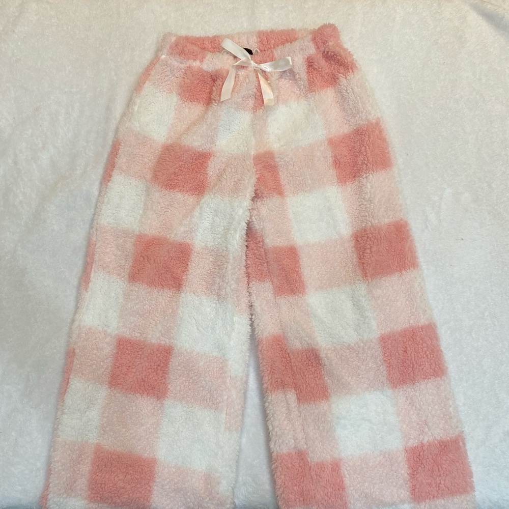 SHEIN Pink and White Plush Check Pajama Pants
